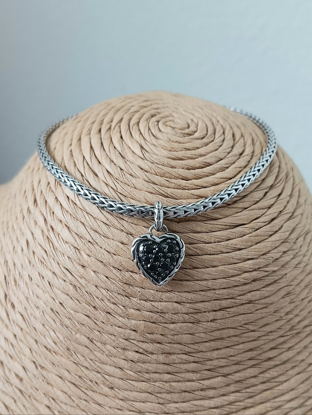 John Hardy Sterling Silver Women's Black Spinel Heart Charm Bracelet 7"